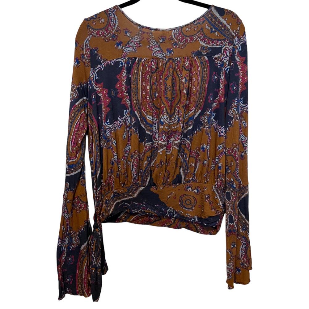 Free People Boho Faux Wrap Tie Waist Bell Sleeve Top In Golden Combo Size M - Picture 3 of 12